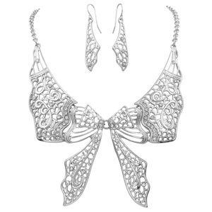 🔴 Silver Filigree Bow Butterfly Necklace Earring Set